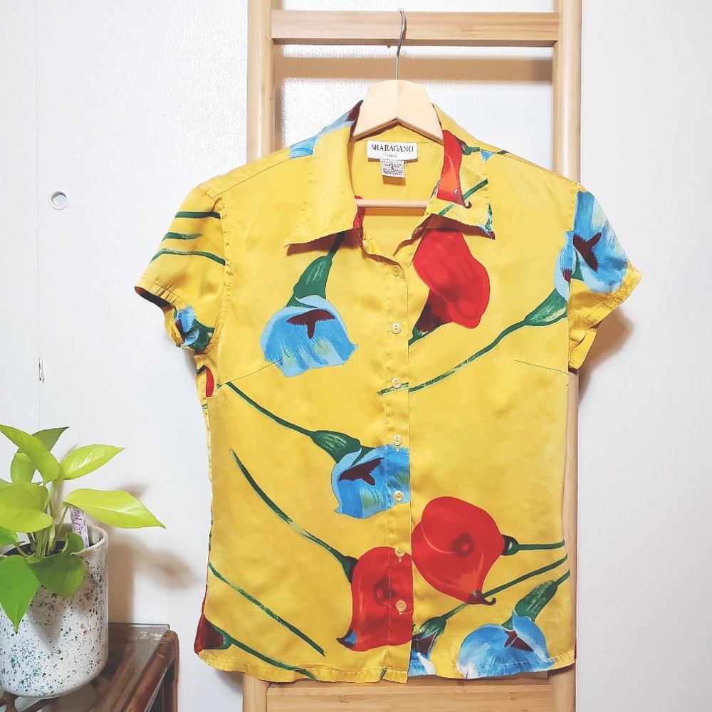 Yellow Floral Tulips Button Up Blouse Silk